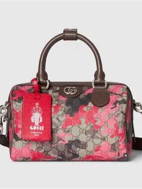 Gucci Pink and Brown Camo GG Canvas Top Handle Satchel